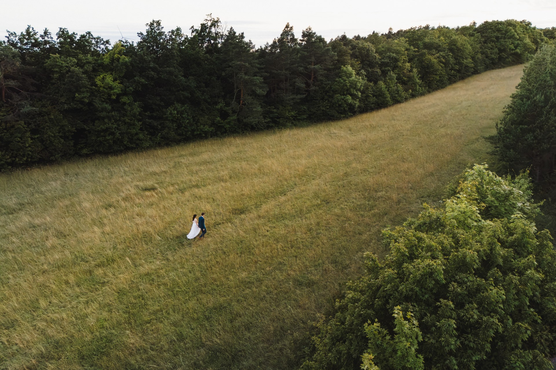 Authentische & Ästhetische Hochzeitsreportage mit After-Wedding-Shooting in der in Jena: Brautpaar beim entspannten Spaziergang in der Natur. Digitale und Analoge Hochzeitsfotografie - Bilder die Sprechen
